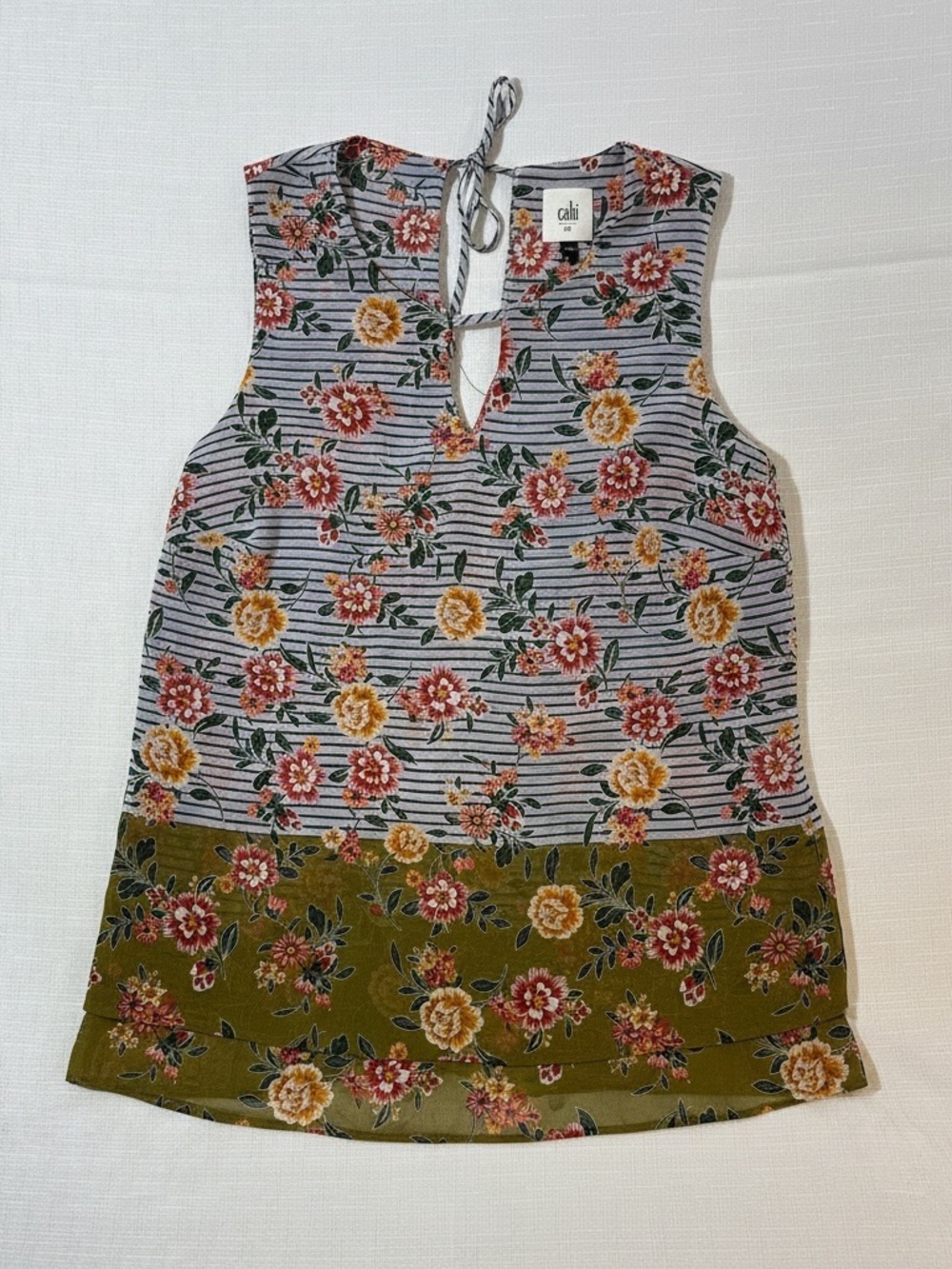CAbi Floral Stripe Tie-Neck Sleeveless Top - Olive, Pink, Yellow